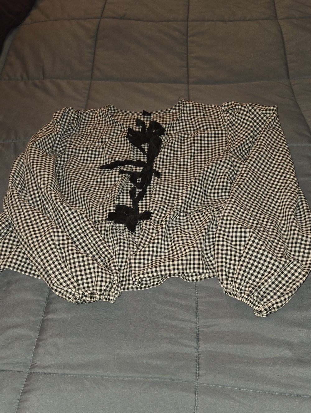 SHEIN Black and White Gingham Lace-Up Peasant Blouse